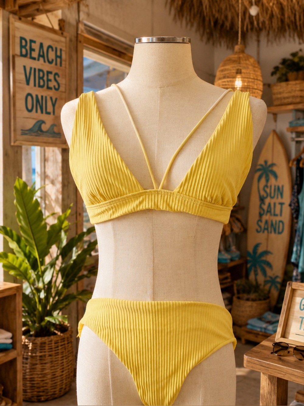 Beach Bunny Lemon Yellow Larson High Apex Ribbed Bikini Top & Bottom XL